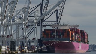 A container ship at a facility in Bayonne as East Coast Ports may shut down due to a potential dockworker strike in New Jersey on September 30, 2024. Tens of thousands of US dockworkers plan to strike this week if there is no breakthrough on contract talks, just a month before November’s closely contested presidential election. (Photo by Bryan R. SMITH / AFP) (Photo by BRYAN R. SMITH/AFP via Getty Images)