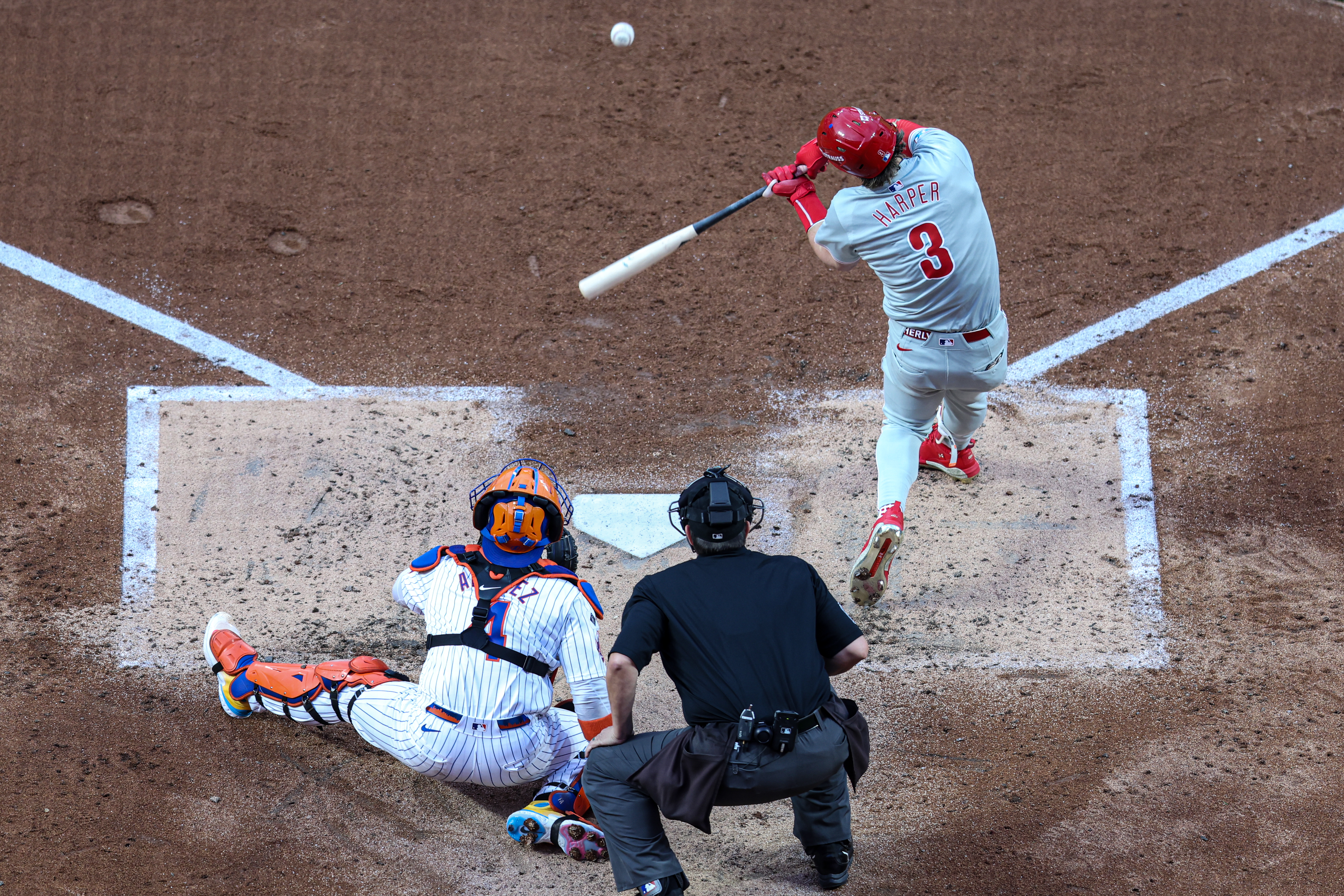 NEW YORK, NY – OCTOBER 08: Bryce Harper of the Philidelphia Phillies bats during Game 3 of the Division Series presented by Booking.com between the Philadelphia Phillies and the New York Mets at Citi Field on Tuesday, October 8, 2024 in New York, New York. (Photo by Rob Tringali/MLB Photos via Getty Images)