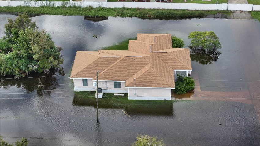 In this aerial view, flood waters inundate a neighborhood after Hurricane Milton came ashore on October 10, 2024, in Punta Gorda, Florida.