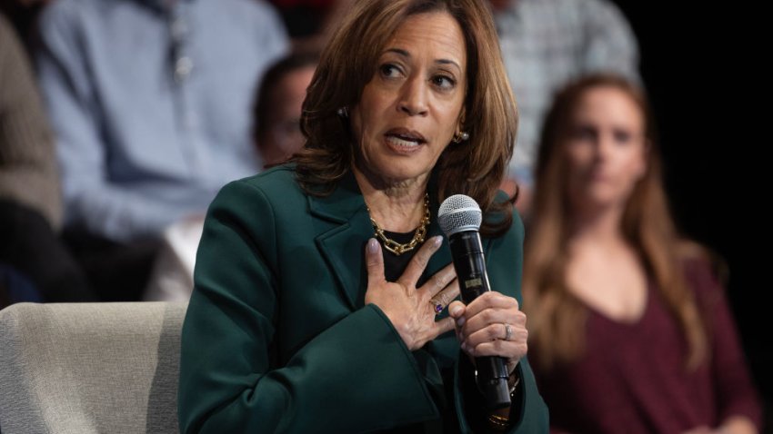 BROOKFIELD, WISCONSIN – OCTOBER 21: Democratic presidential nominee, U.S. Vice President Kamala Harris fields questions during a town hall style campaign event with former U.S. Rep. Liz Cheney (R-WY) on October 21, 2024 in Brookfield, Wisconsin. The event was one of three Harris had scheduled today in three different swing states, Wisconsin, Michigan and Pennsylvania. (Photo by Scott Olson/Getty Images)