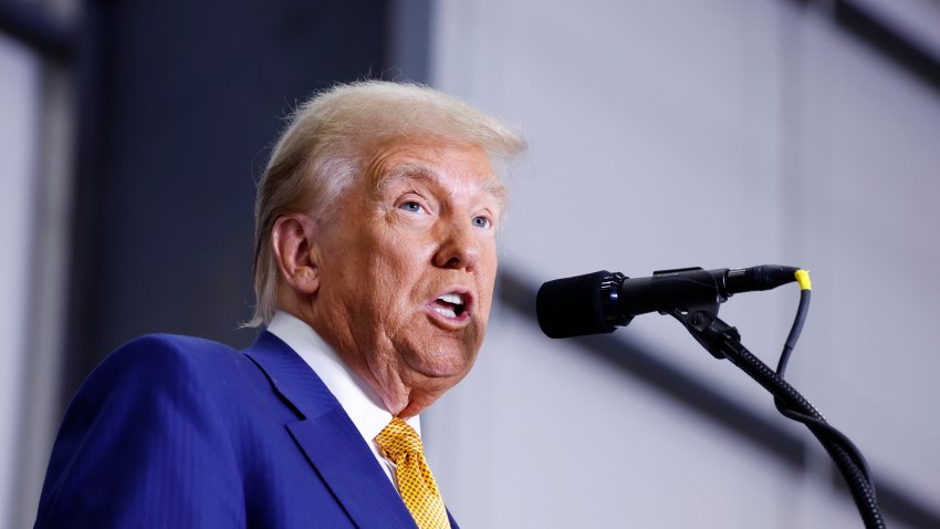 Republican presidential nominee, former U.S. President Donald Trump gives remarks on border security inside an airplane hanger at the Austin-Bergstrom International Airport on October 25, 2024 in Austin, Texas. Trump will travel to Traverse City, Michigan, to hold a rally as he continues to visit battleground states ahead of the November 5 election. (Photo by Anna Moneymaker/Getty Images)