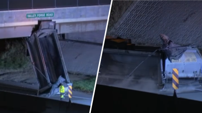 Dump truck bed strikes overpass along I-76 in King of Prussia