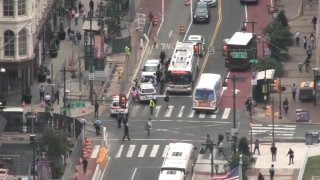 Police on scene after a man was shot at 7th and Market streets in Philadelphia