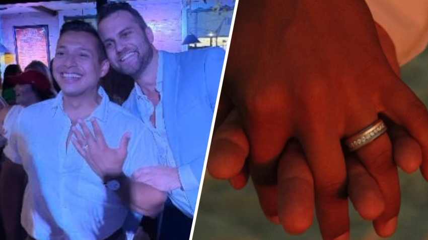 Miguel Martinez-Valle and Ray Smeriglio after becoming engaged and a closeup of their hands.