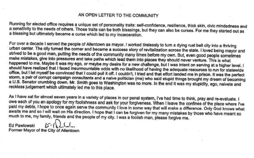 Former Allentown Mayor Ed Pawlowski, who is in prison on federal corruption charges, has written a letter to the community.