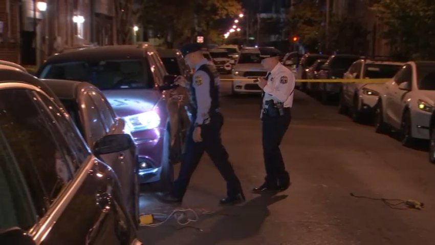 Police shine flashlight on dark street lined with cars.