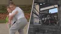 Students get a hug in split image with fire-damaged school