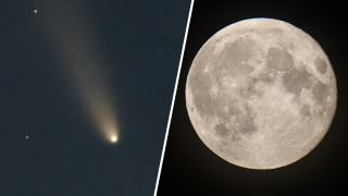 Tsuchinshan-Atlas comet in split image with a large moon.