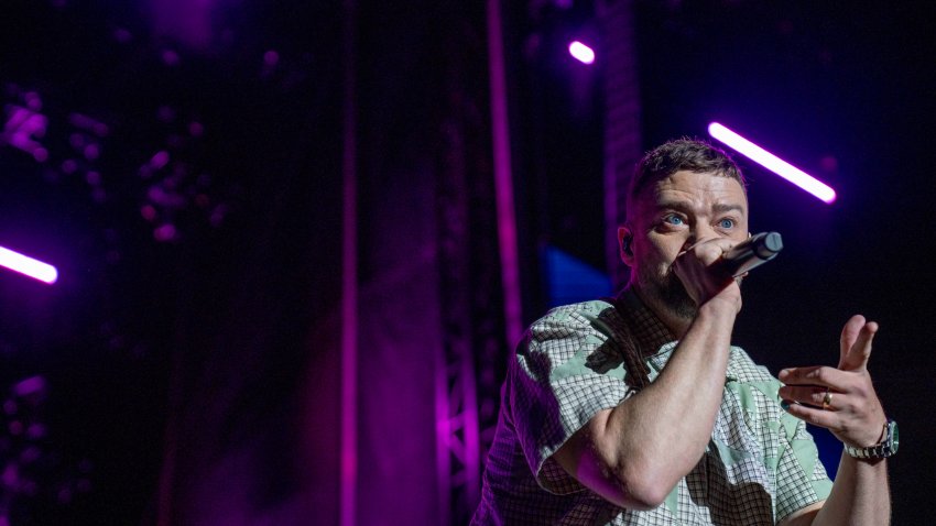 Jun 18, 2022; Washington, DC, USA; Grammy award-winning artist Pharrell Williams is joined by guest artist Justin Timberlake during his performance at the Sun Stage during the Something in the Water festival on Saturday, June 18, 2022 in Washington, DC. Mandatory Credit: Jarrad Henderson-USA TODAY