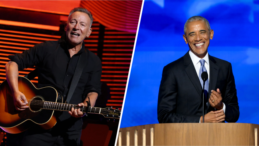 A photo of singer Bruce Springsteen and a photo of former President Barack Obama