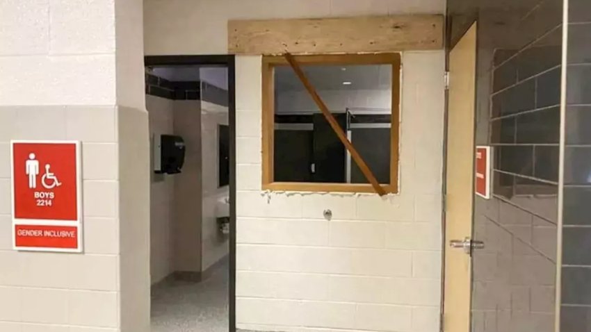 This photo provided by Jennifer L. Holahan shows a window opening cut into a gender inclusive bathroom at Emory H. Markle Middle School in Hanover, Pa., Sept. 17, 2024. (Jennifer L. Holahan via AP)