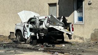 The remains of a vehicle that was involved in a hit-and-run crash that left a man critically injured in Port Richmond early Sunday.