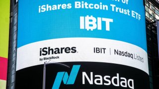 Blackrock iShares Bitcoin Trust ETF (IBIT) signage at the Nasdaq MarketSite in New York on Jan. 11, 2024.