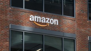 Amazon logo on a brick building exterior, San Francisco, California, August 20, 2024.