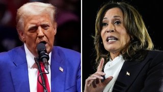 Combination with Former President and Republican Presidential Candidate Donald Trump (L), and Vice President and Democratic Presidential Candidate Kamala Harris. 