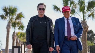 U.S. President-elect Donald Trump walks with Elon Musk before attending a viewing of the launch of the sixth test flight of the SpaceX Starship rocket, in Brownsville, Texas, U.S., November 19, 2024. 