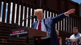 President-elect Donald Trump speaks at the U.S.-Mexico border on August 22, 2024 south of Sierra Vista, Arizona. 