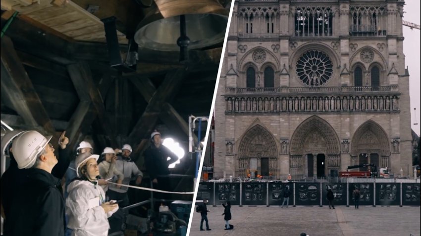 Emmanuel Macron watching bells in Notre Dame and exterior of Notre Dame