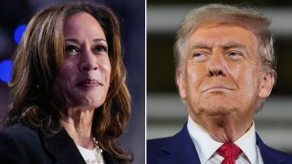 This combination of file photos shows Democratic presidential nominee Vice President Kamala Harris, left, speaking at a campaign rally in Charlotte, N.C., on Sept. 12, 2024, 2024, and Republican presidential nominee former President Donald Trump speaking a town hall campaign event in Warren, Mich., on Sept. 27, 2024.