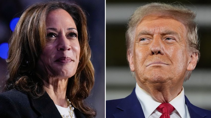 This combination of file photos shows Democratic presidential nominee Vice President Kamala Harris, left, speaking at a campaign rally in Charlotte, N.C., on Sept. 12, 2024, 2024, and Republican presidential nominee former President Donald Trump speaking a town hall campaign event in Warren, Mich., on Sept. 27, 2024.