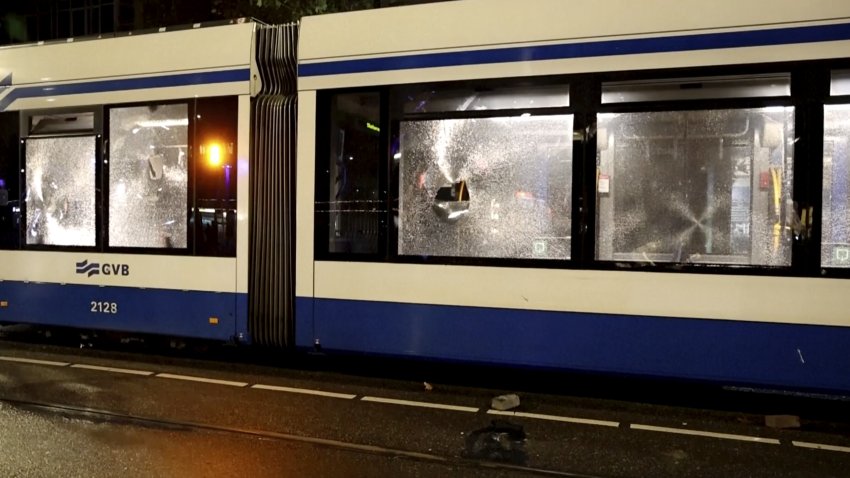 This image taken from video shows a damaged tram in Amsterdam,