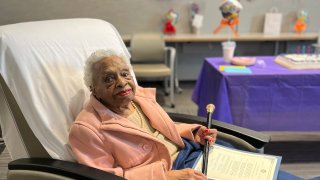 Herlda Senhouse at her 113th birthday celebration on Feb. 28, 2024, in Wellsley, Mass.