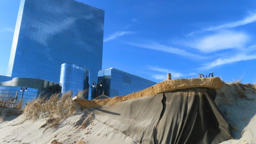 A 10-foot drop-off exists at what once was an entrance to the beach near the Ocean Casino Resort on Monday, Nov. 25, 2024 in Atlantic City, which is undergoing a desperately needed beach replenishment project.