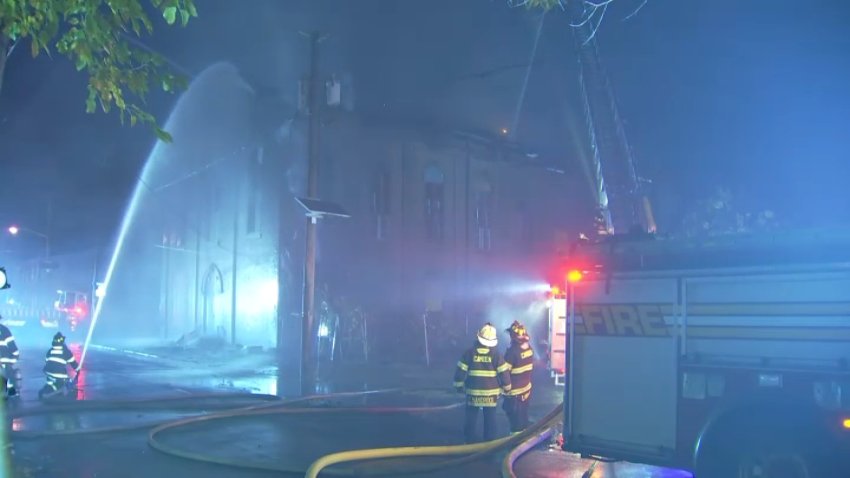 Fire crews respond to a fire at a vacant church in Camden, New Jersey early Monday, Nov. 4, 2024.