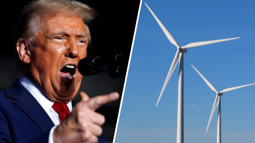 Donald Trump in split image with wind turbines