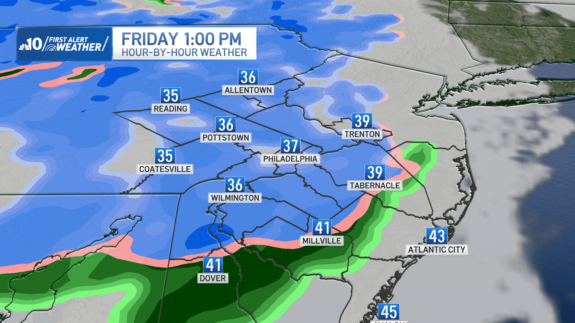 Map shows temps above freezing during expected snowfall on Friday.