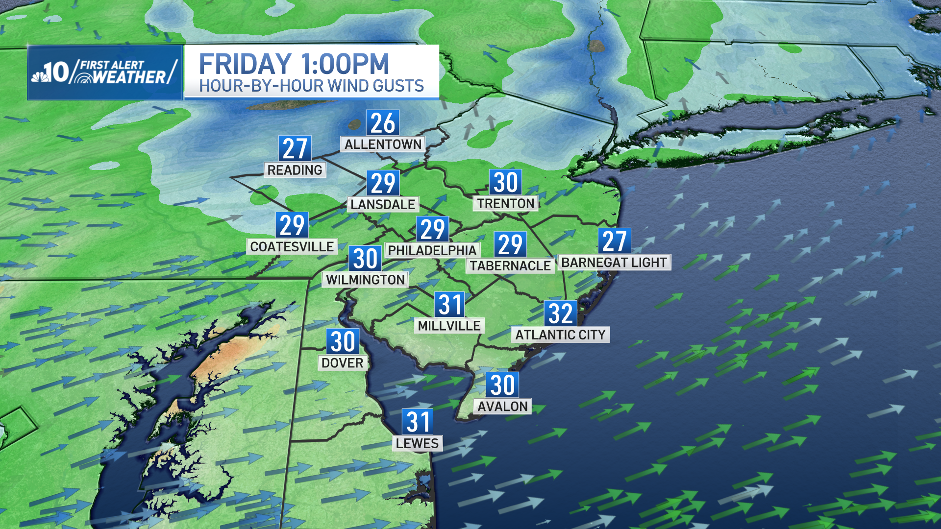 Map shows wind gust estimates in Philadelphia region for Nov. 22, 2024.