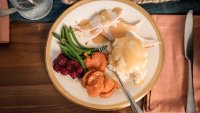 A plated Thanksgiving meal.