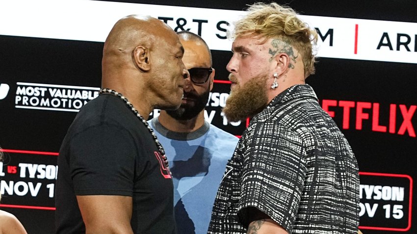 NEW YORK, NEW YORK – AUGUST 18: Mike Tyson and Jake Paul hold a press conference during Fanatics Fest NYC at Javits Center on August 18, 2024 in New York City. (Photo by John Nacion/Getty Images)