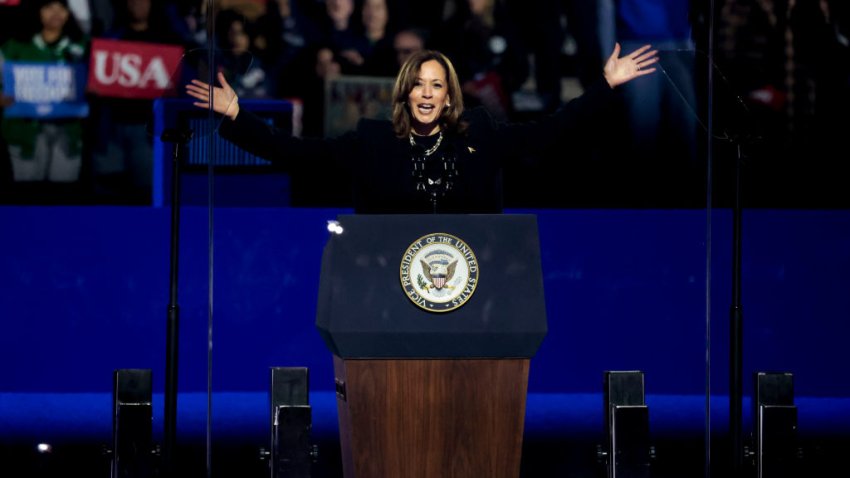 US Vice President Kamala Harris during a campaign event outside the Philadelphia Museum of Art in Philadelphia, Pennsylvania, US, on Monday, Nov. 4, 2024. Kamala Harris and Donald Trump are separated by the narrowest of margins in polls, which show Tuesday’s election is a coin flip, and by a chasm in their future vision for the world’s premier economic and military power. Photographer: Hannah Beier/Bloomberg via Getty Images