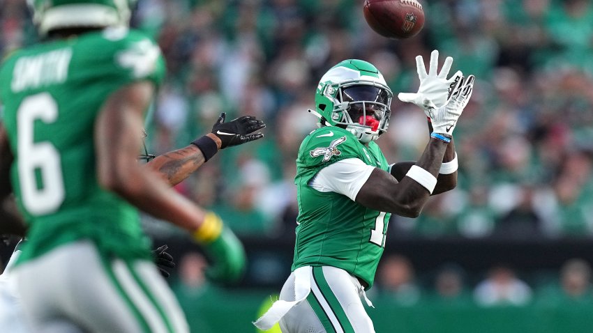 PHILADELPHIA, PENNSYLVANIA – NOVEMBER 03: A.J. Brown #11 of the Philadelphia Eagles catches a pass in the first quarter of a game against the Jacksonville Jaguars at Lincoln Financial Field on November 03, 2024 in Philadelphia, Pennsylvania. (Photo by Mitchell Leff/Getty Images)