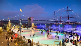 Ice Skaters at RiverRink at Winterfest at Penns Landing, Philadelphia, Pennsylvania, USA