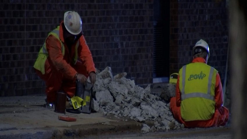 Crews work where water main broke in Philadelphia's Northern Liberties neighborhood on Nov. 24, 2024.