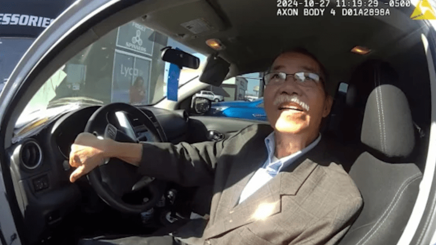 The body camera video shows an officer speaking to the driver while he sits in the driver’s seat with the door open.