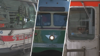 SEPTA bus, trolley and subway train in split image.