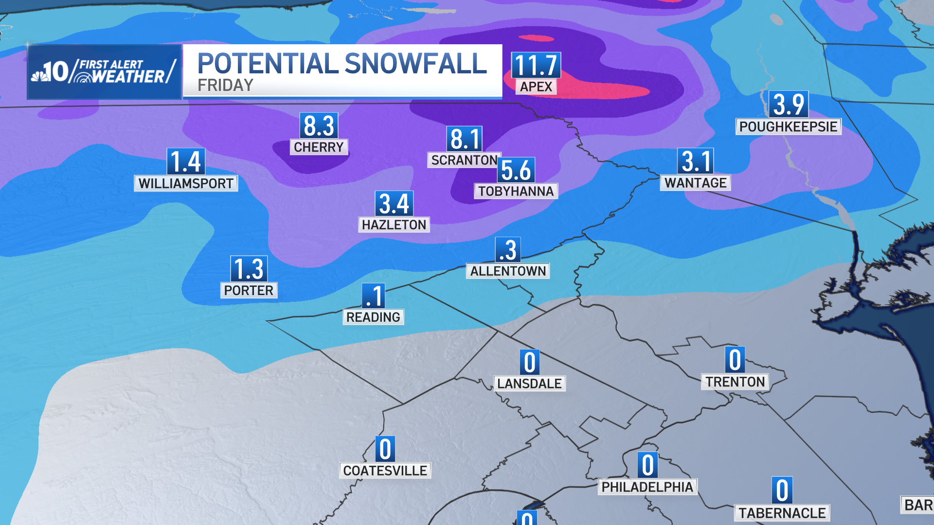 Map shows estimated snow totals in northeastern Pennsylvania, the Poconos and Lehigh Valley.