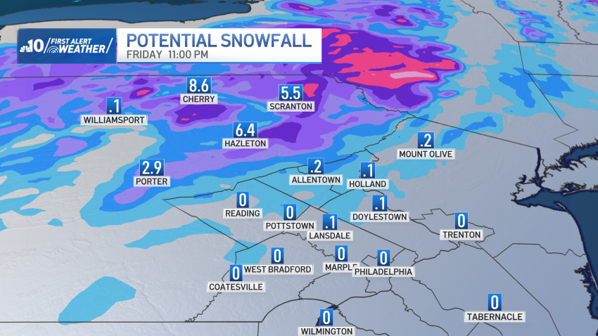 Map shows potential snowfall on Nov. 22, 2024, for eastern Pennsylvania.