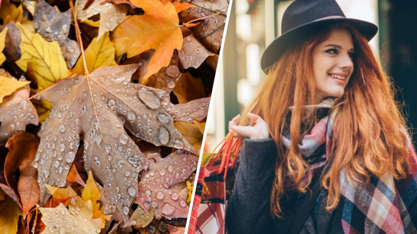 Split image of wet leaf and woman in coat and scarf