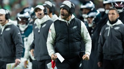 Nov 14, 2024; Philadelphia, Pennsylvania, USA; Philadelphia Eagles head coach Nick Sirianni reacts to a play in the third quarter of a game against the Washington Commanders at Lincoln Financial Field. Mandatory Credit: Bill Streicher-Imagn Images