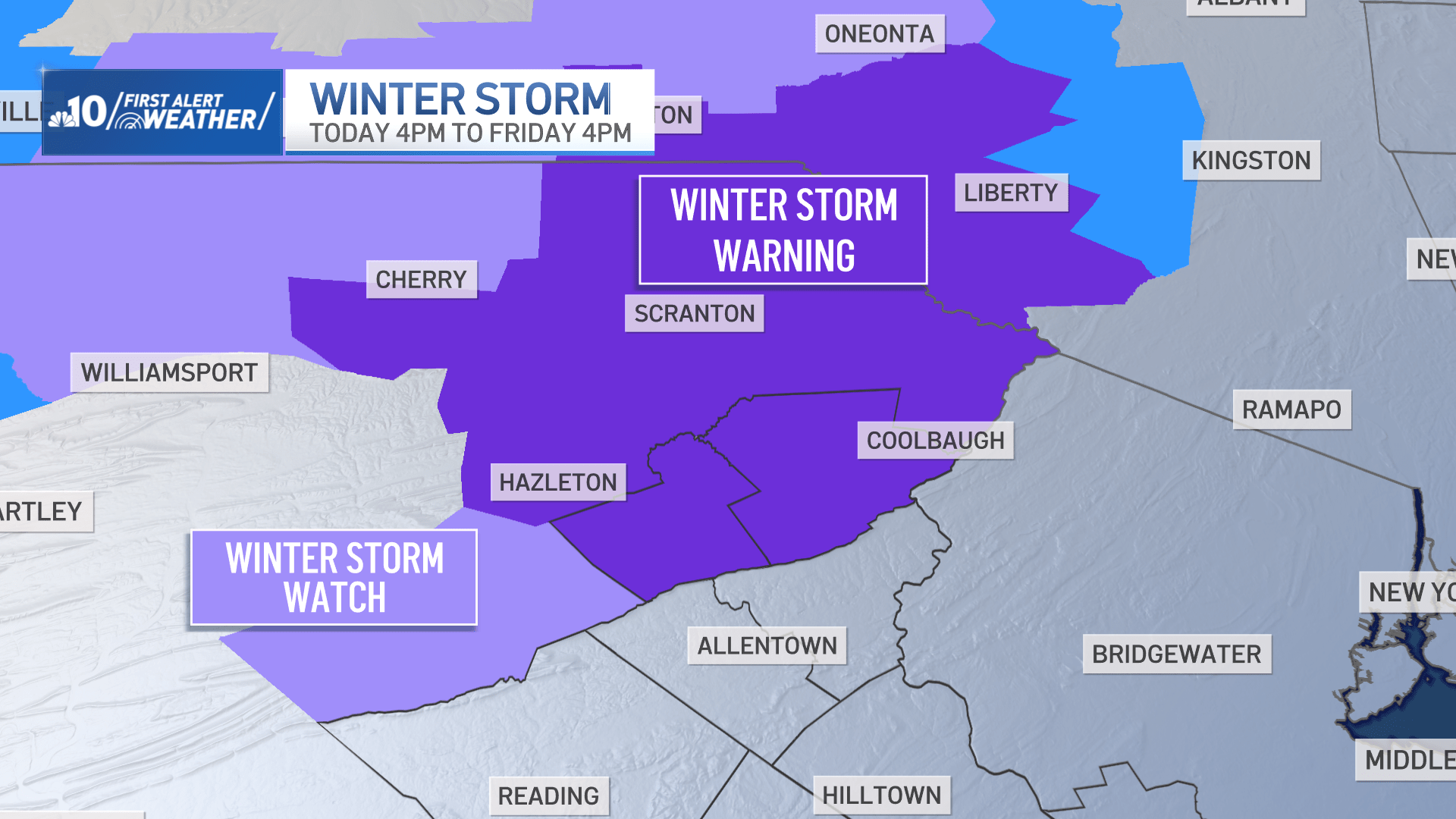 Map of northeastern Pennsylvania shows counties under a winter storm warning on Nov. 21 and 22.