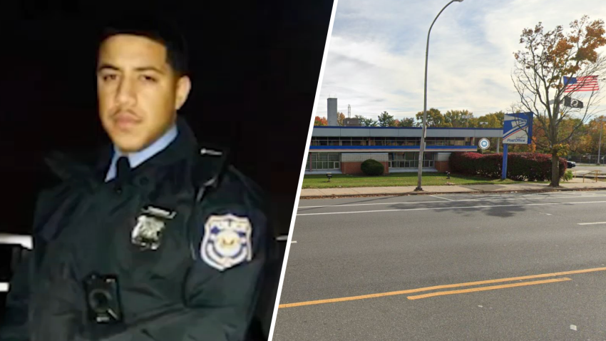 Photo of fallen Temple officer Christopher Fitzgerald and photo of the outside of the Bustleton Post Office.