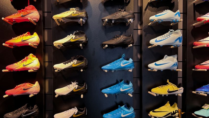 Nike football shoes are seen in a store in Krakow, Poland on August 29, 2024.