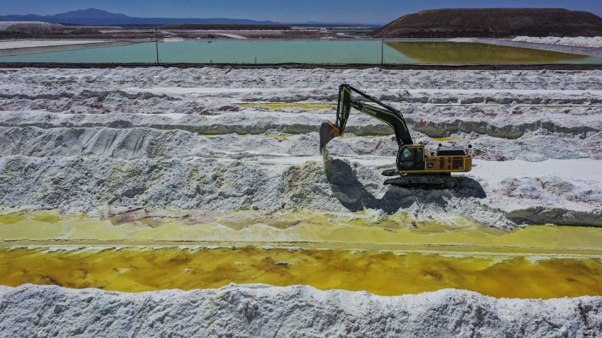 Aerial view of brine ponds and processing areas of the lithium mine of the Chilean company SQM (Sociedad Quimica Minera) in the Atacama Desert, Calama, Chile, on September 12, 2022.