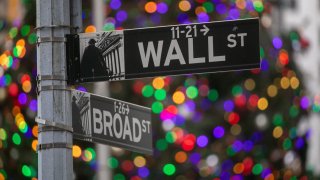 A Wall Street sign in front of the New York Stock Exchange (NYSE) in New York, US.