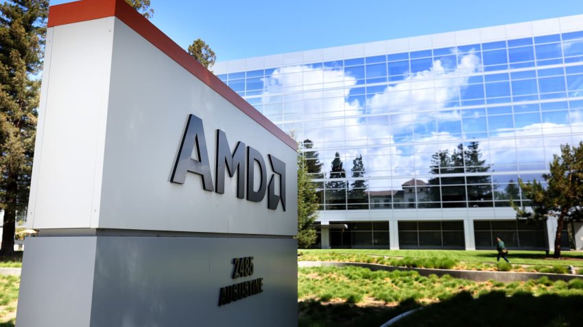 A sign is posted in front of the Advanced Micro Devices (AMD) headquarters on May 10, 2022 in Santa Clara, California.