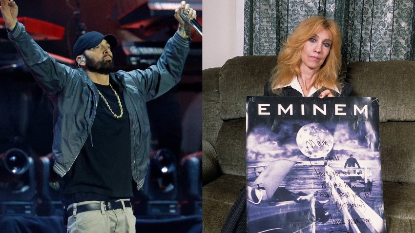 Split screen of Eminem and his mother, Debbie Nelson.